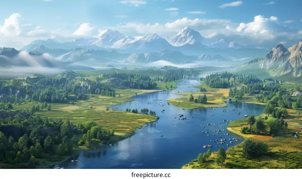 Mountains, River, and Trees in Nature