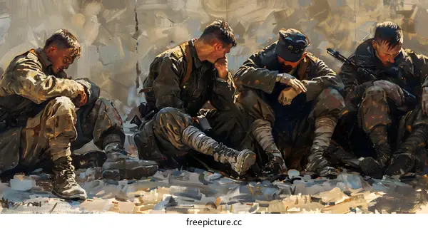 A group of soldiers are sitting on the ground in a contemplative mood
