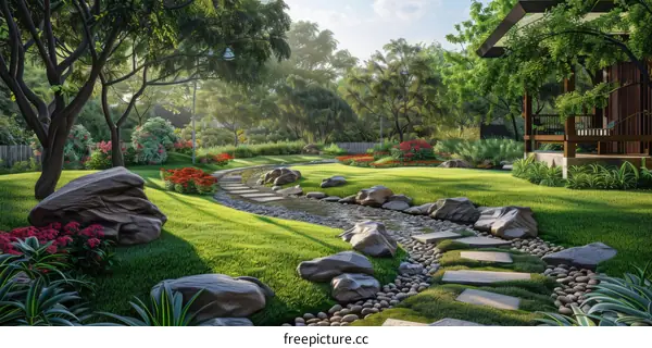 Serene Zen Garden Landscape with Stone Path and Elegant House