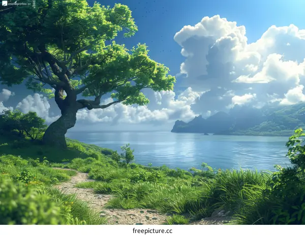 Tranquil Seaside Landscape with Majestic Tree