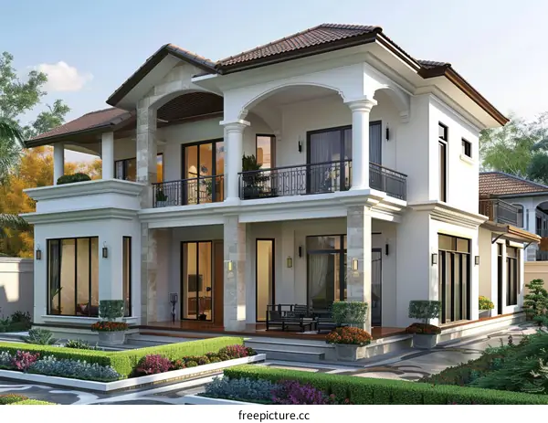 Modern White Villa with Garden and Floor-to-Ceiling Windows