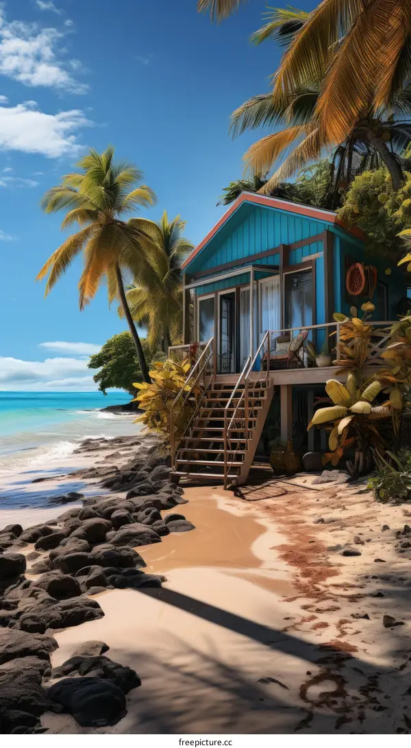 Beachfront house with palm trees