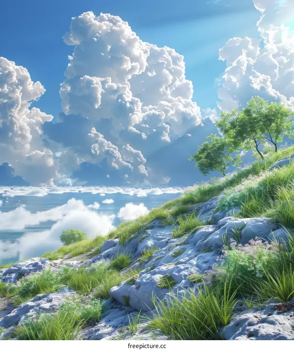 Picturesque Cliff Overlooking Verdant Landscape and Azure Sea