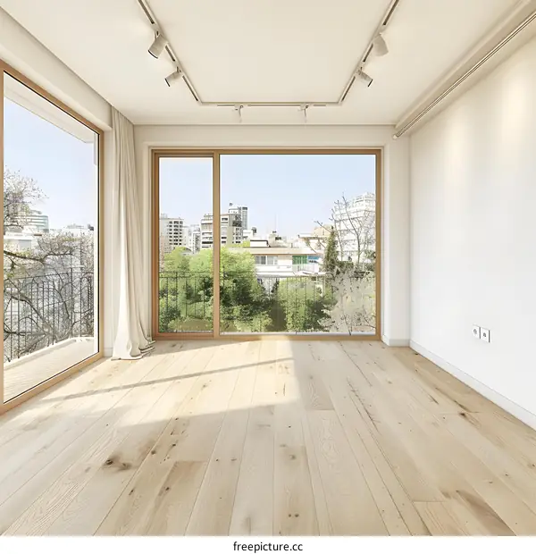 Modern Apartment Living Room With Large Windows And City View