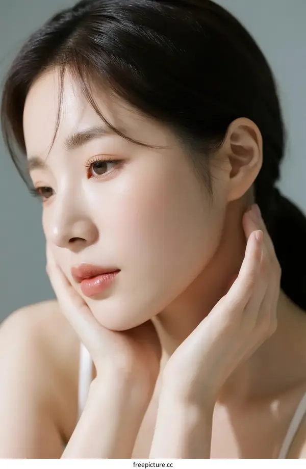 Close-up portrait of young woman with natural skin and hands on neck