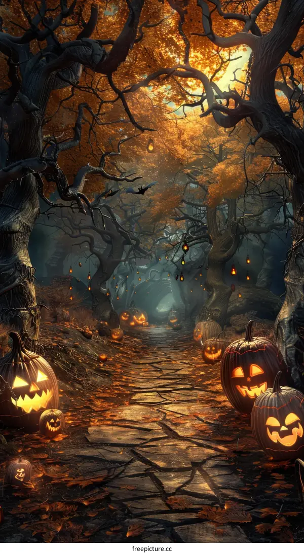 Mystical path illuminated by carved pumpkins in autumn forest
