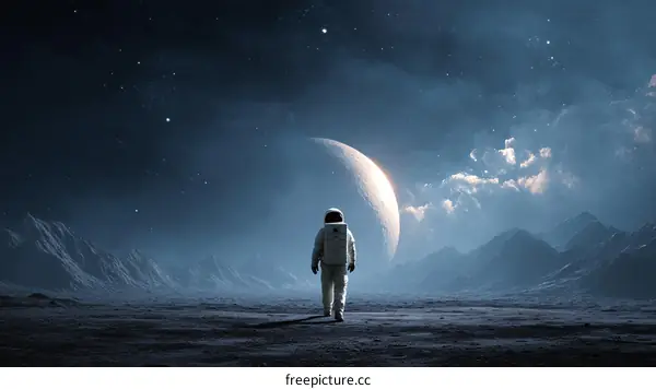 Astronaut Exploring Alien Landscape at Night