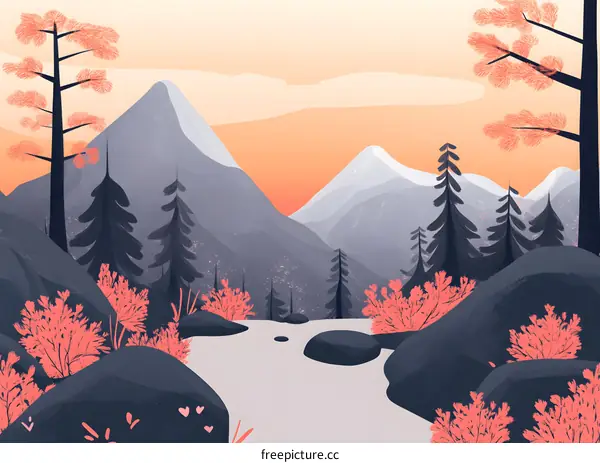 Mountain Landscape Illustration With River