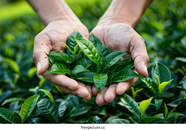 Hands Holding Fresh Green Tea Leaves