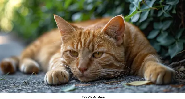 Ginger Cat Relaxing on Ground in Front of Bush