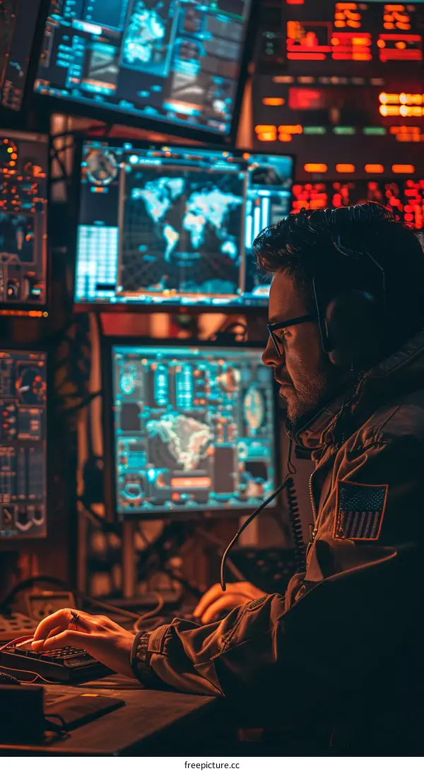 A hacker in a dark room surrounded by computer screens