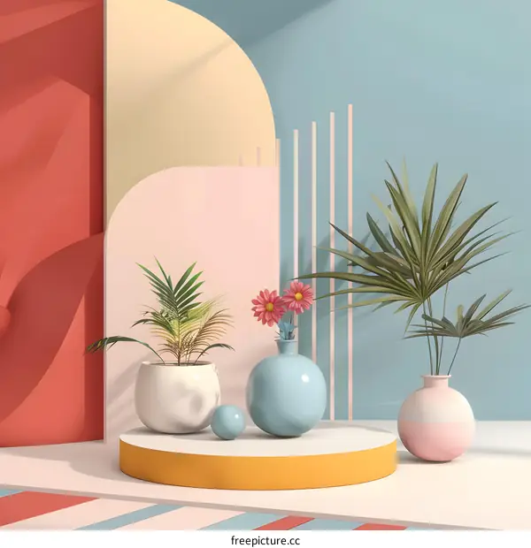 Abstract Minimalist 3D Illustration With Plants and Geometric Shapes