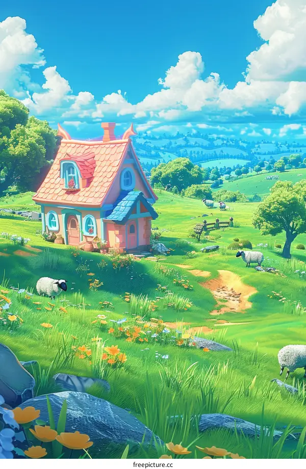 Cartoon Cottage in the Countryside With Sheep