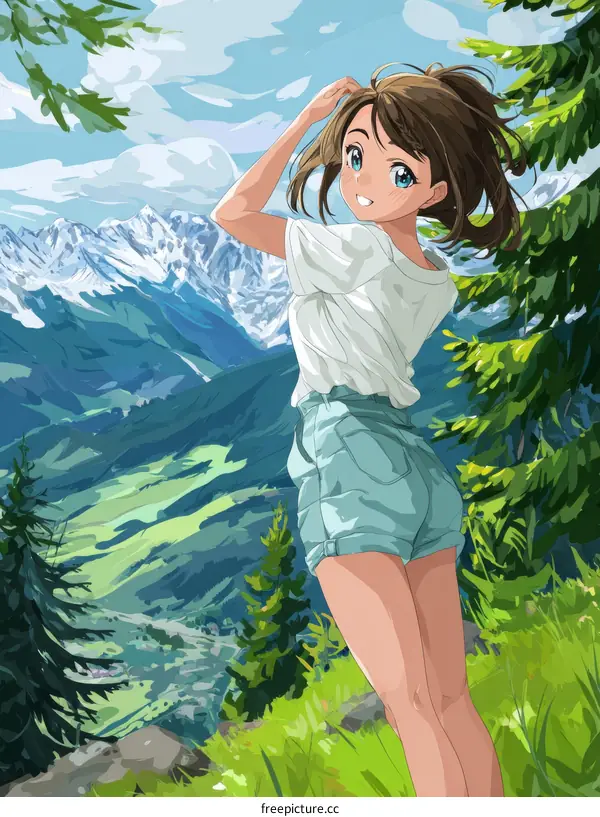 Smiling Girl in Mountain Landscape Illustration