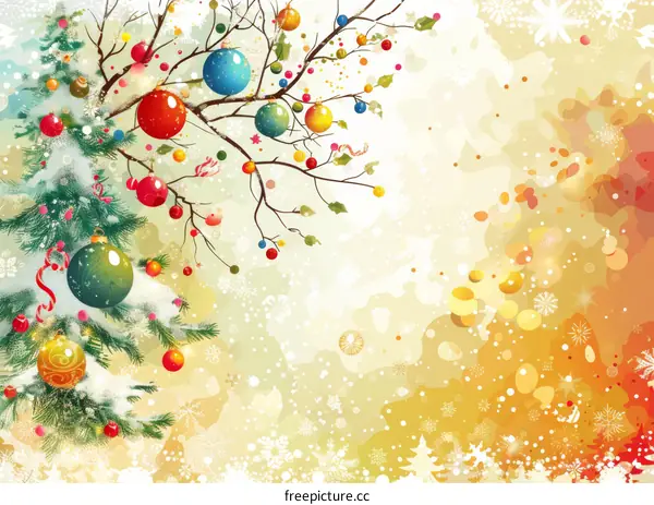 Festive Christmas Background with Fir Tree and Ornaments