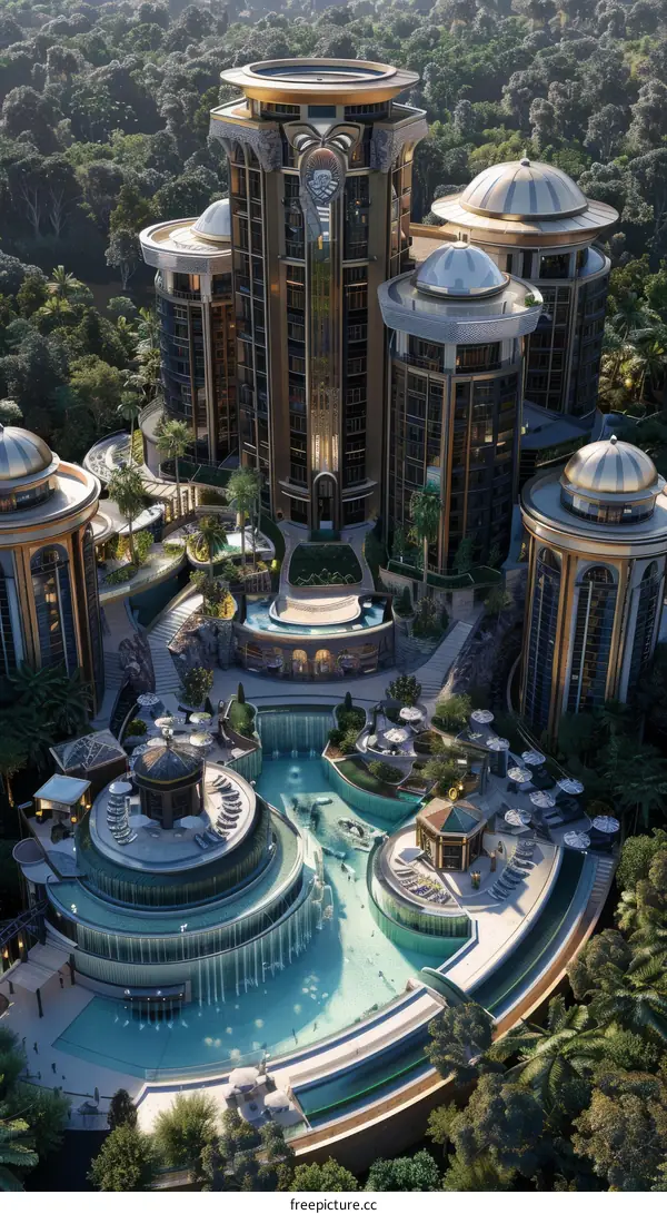 futuristic resort with pools and lush vegetation