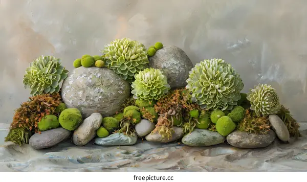Green Succulents and Moss Arrangement on Stones