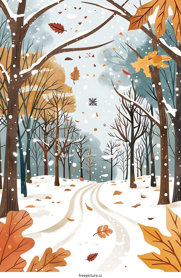 Winter Forest Illustration with Snow and Leaves