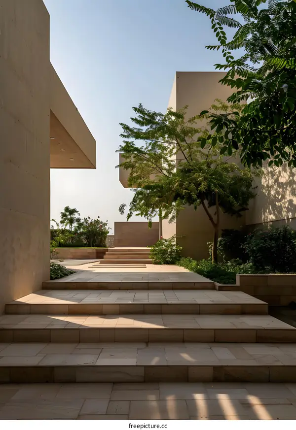 Modern Concrete Stairs Leading to a Tranquil Courtyard