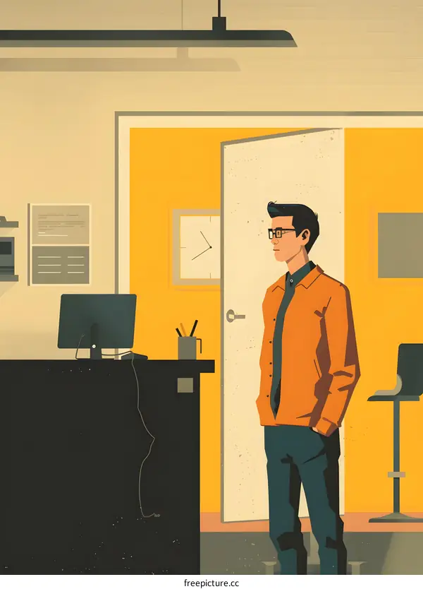 Man In Orange Shirt Standing By The Door In An Office