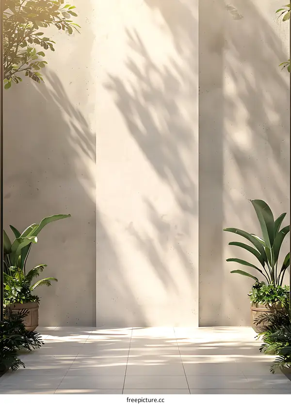Minimalist Concrete Wall with Plants and Sunlight