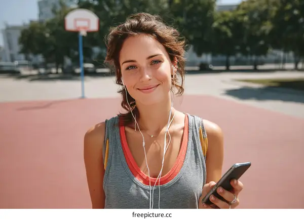 Woman Outdoors Listening to Music in a Sport Area