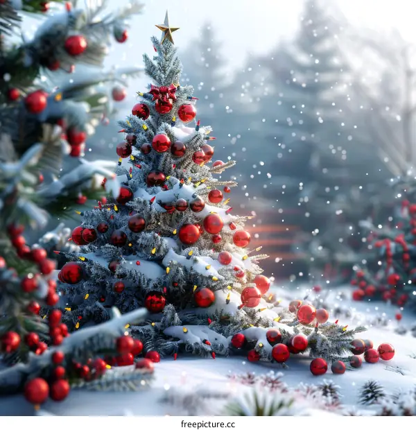 Snowy Christmas Tree in Winter Wonderland