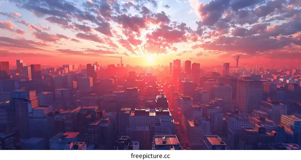 Sunrise Cityscape Aerial View Illustration