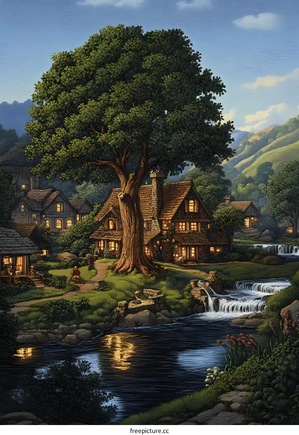 Peaceful Village Painting by the River