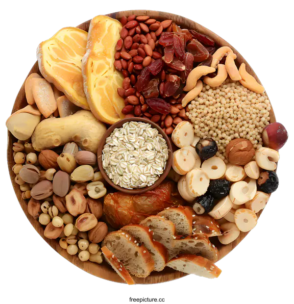 [Transparent Background PNG]Assortment of Dried Fruits Nuts and Grains in Wooden Bowl