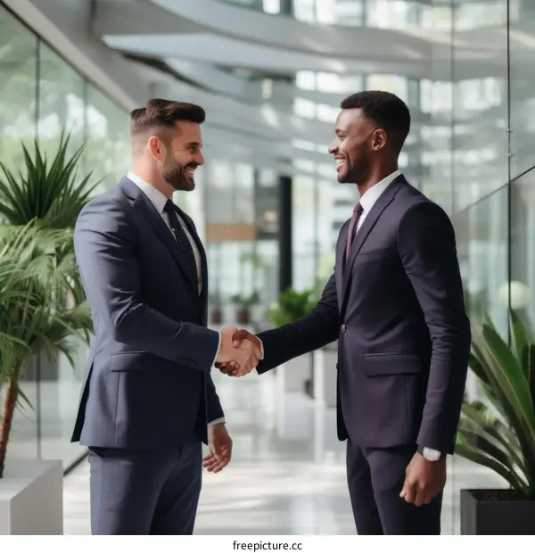 Two businessmen in suits shaking hands in an office building