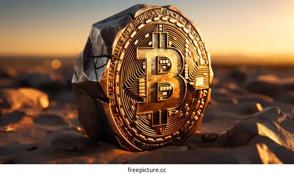 A golden Bitcoin embedded in a rock in the desert