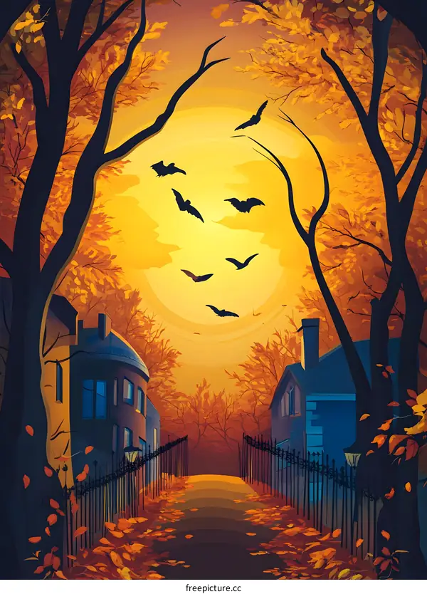 Spooky Halloween Scene with Bats Flying Over a Street in Autumn
