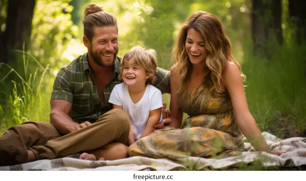 Family of three laughing in the woods