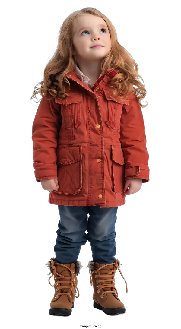 [Transparent Background PNG]A little girl with red hair wearing an orange jacket and blue jeans is standing in front of a white background