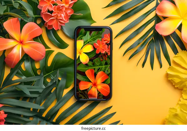 Tropical Flowers and Smartphone on Yellow Background