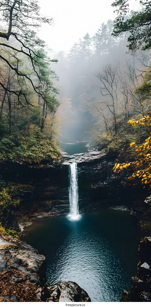 Waterfall in Forest with Mist and Autumn Leaves