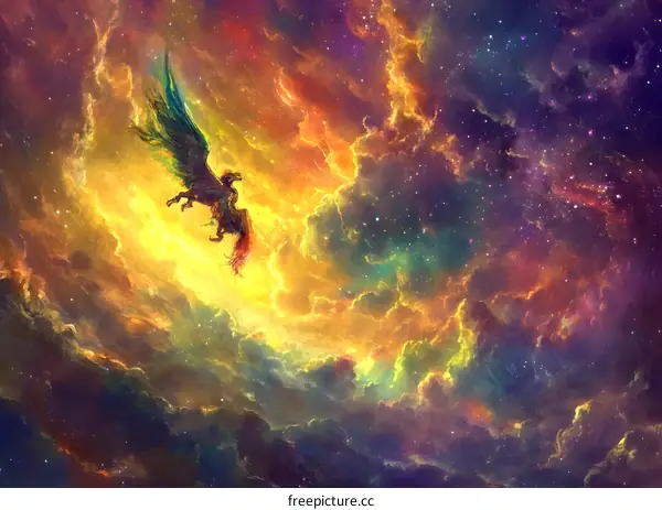 Fantastic Mythical Creature Flying Through the Clouds