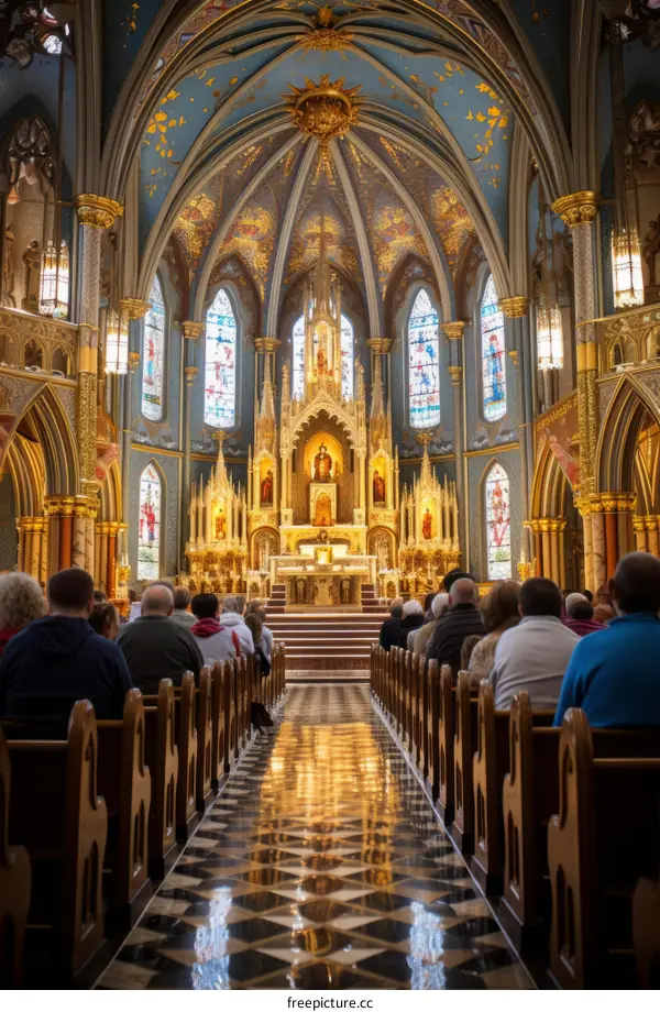 Church Interior Nave With People In Pews