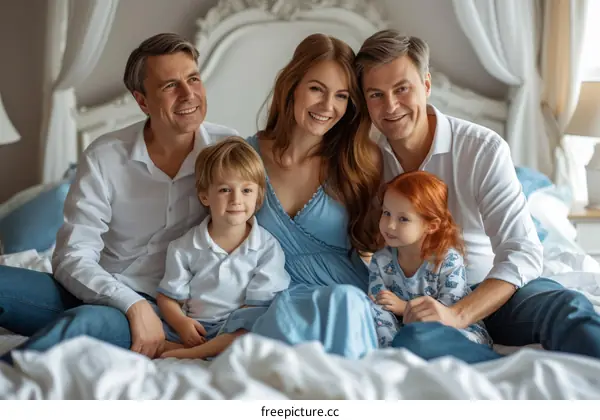 Portrait of happy family with two children sitting on bed