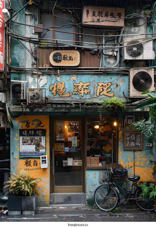 Old Shop Facade With Peeling Paint And Rain