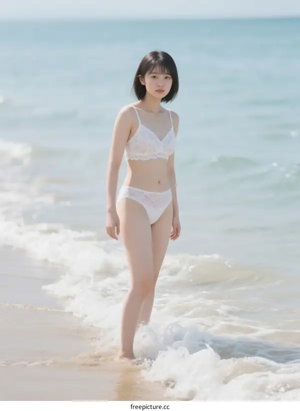 Young woman standing in the sea wearing white lingerie