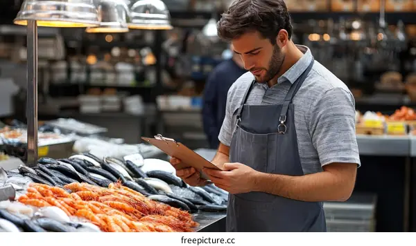 Seafood Market Employee Checking Inventory