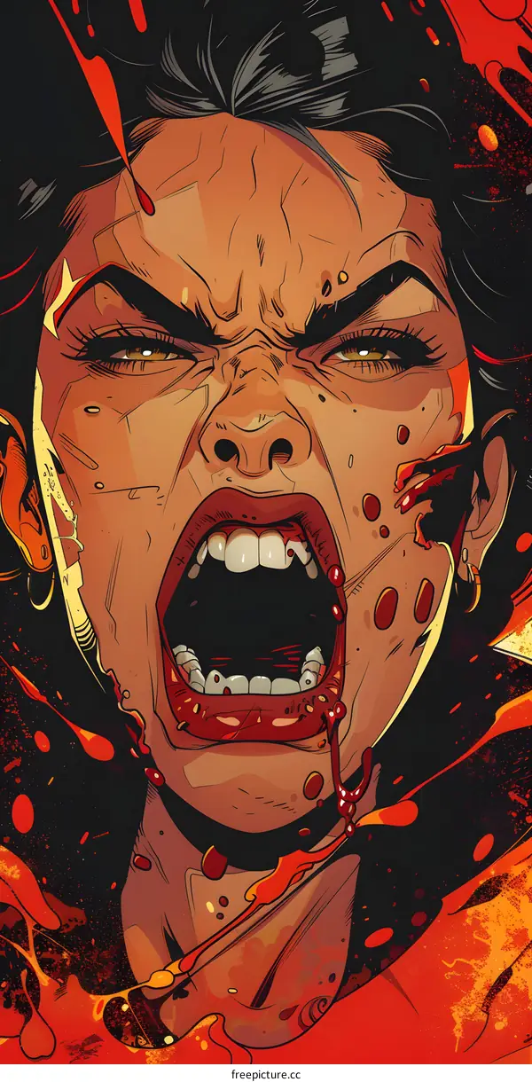 A woman with black hair and red lips is screaming with her mouth wide open and blood dripping down her face