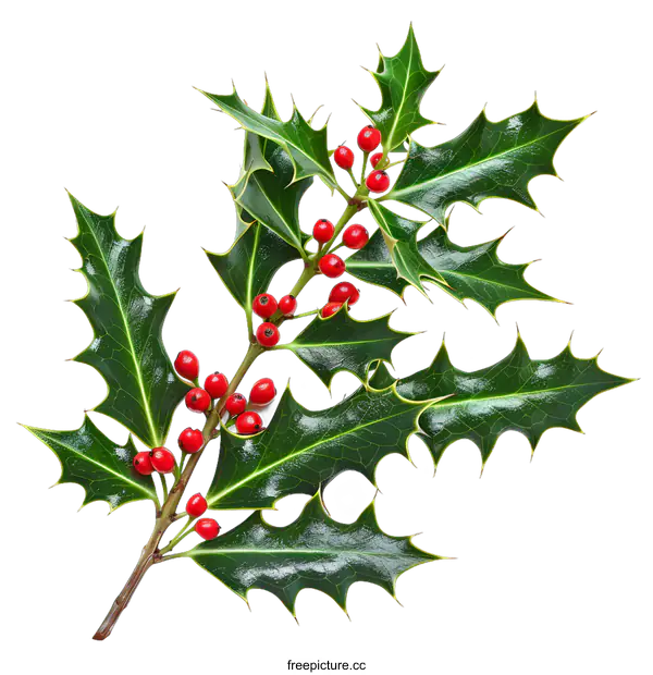 [Transparent Background PNG]Green Holly Sprig with Red Berries Isolated on White Background