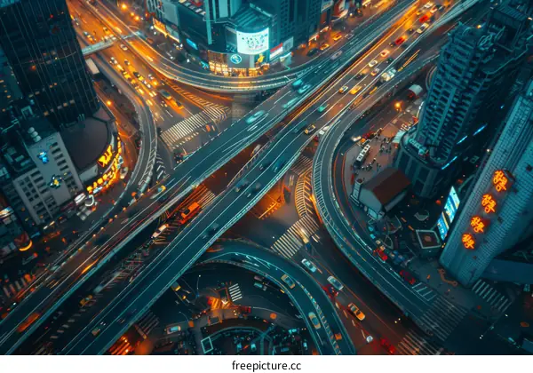 Urban Road Interchange with Pedestrian Crossing at Night