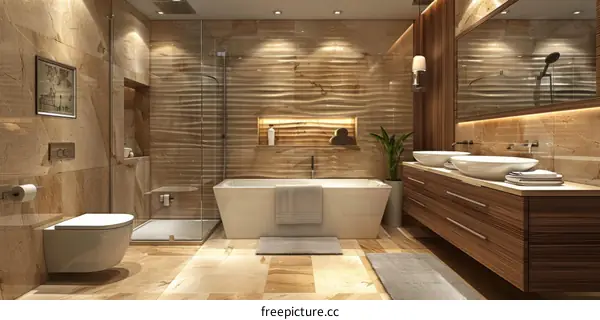 Stylish Bathroom with Modern Fixtures and Wood Texture
