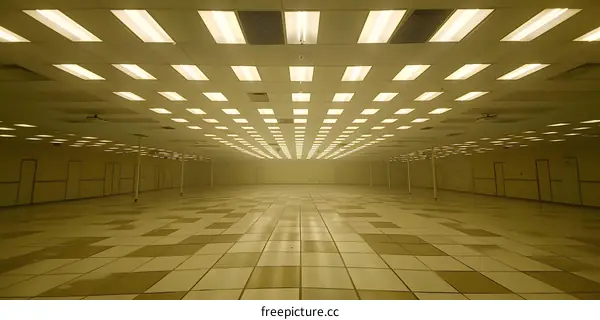 Empty Room with Grid Ceiling and Fluorescent Lights