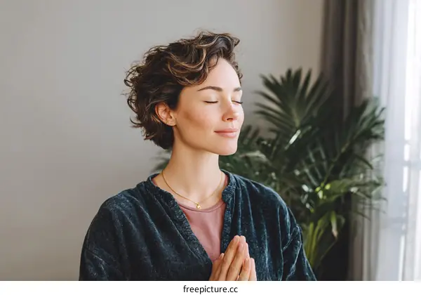 Peaceful Woman Meditating at Home