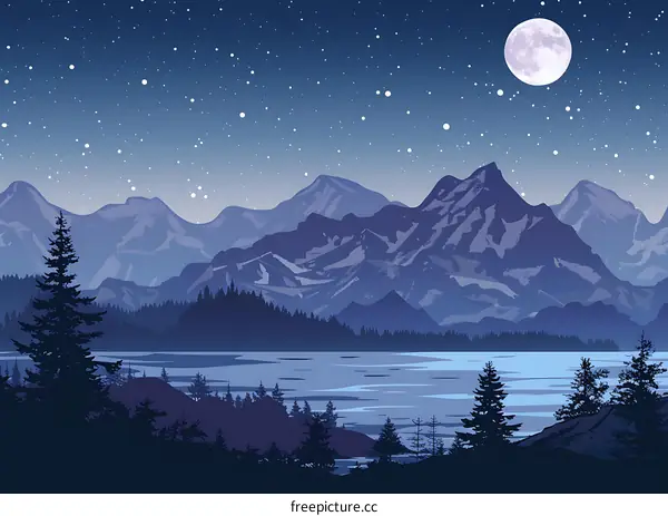 Night Mountain Silhouette with Full Moon and Stars